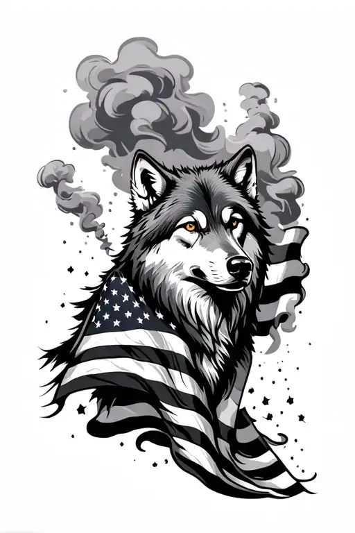 Wolf With American Flag Waving And Smoke Rising
