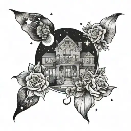 Mansion With A Floral Clock And A Night Sky Filled With Stars