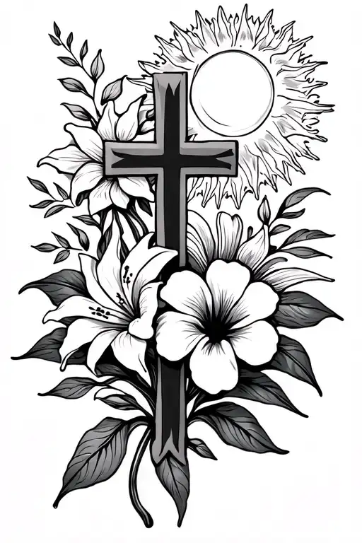 Fine Line Cross With Lillie's And A Sun Flower And Hibiscus Small