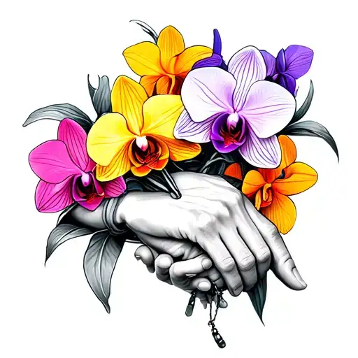 Grandma Holding Hands And Colorful Orchids