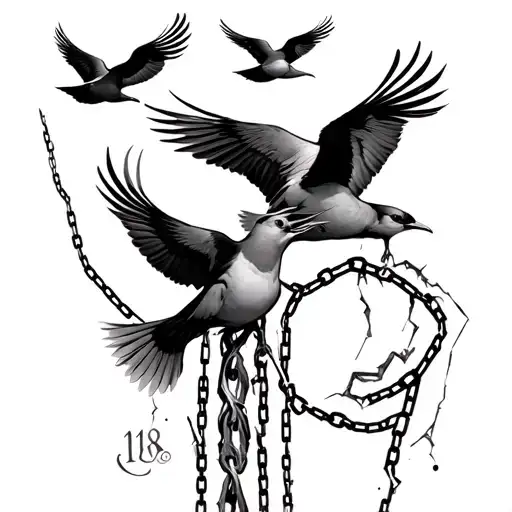 6 Flying Birds Above Number 18 And Broken Chain