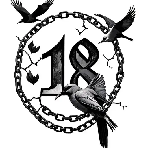 6 Flying Birds Above Number 18 And Broken Chain
