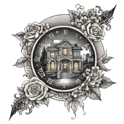 Mansion With A Floral Clock And Night Sky