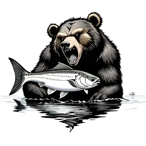 Angry Grizzy Bear Eat And Fish