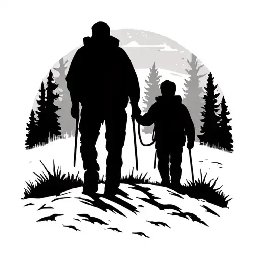 A Silhouette Of A Dad And Son Hiking In The Woods