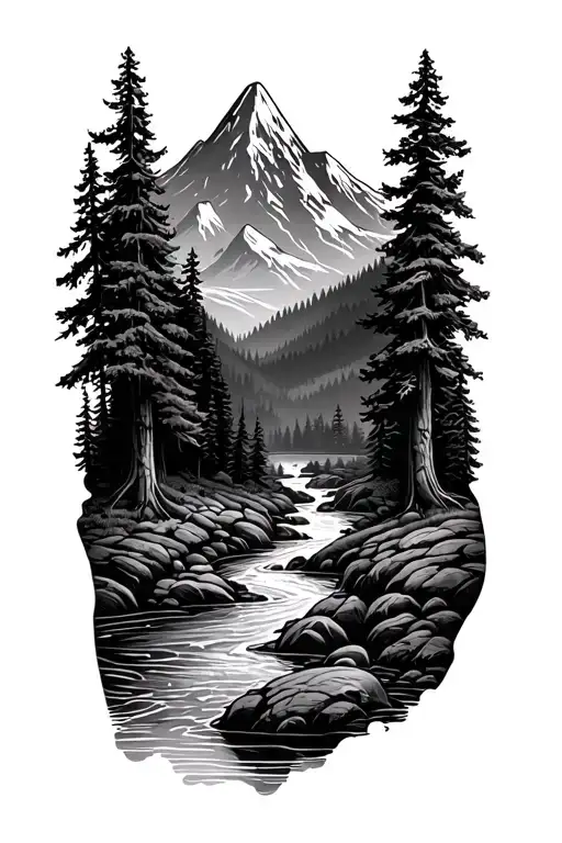 Forest With River Flowing And Mountain In Background