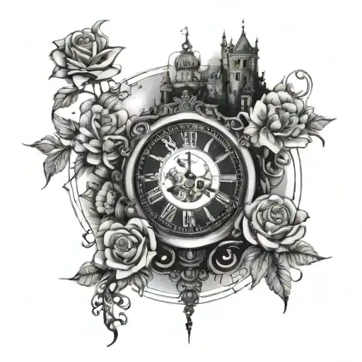 Floral Clock In Front Of A Mansion And A Night Sky