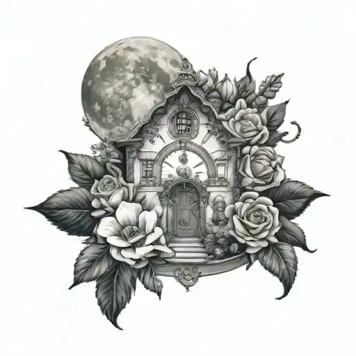 Mansion With A Floral Clock In Front Of It With A Full Moon