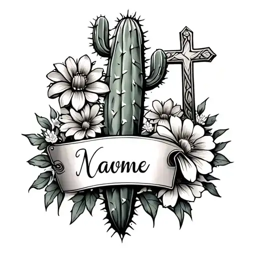 Tooled Leather Half Sleeve With Cactus F Flowers Cross And Tags For Children's Name