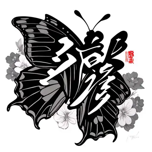 Japanese Lettering And Butterfly Together