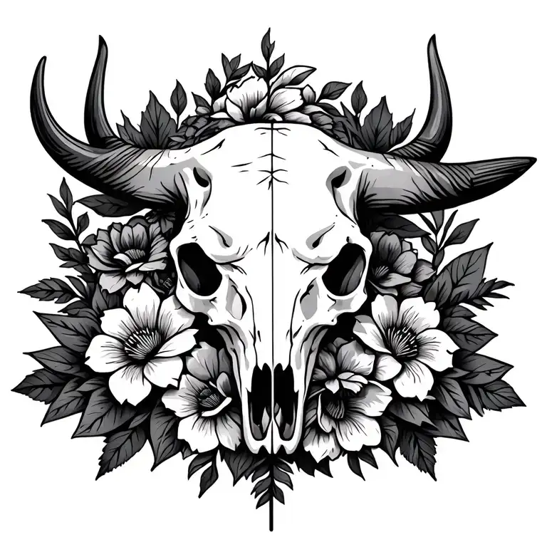 Bull Skull With An Arrow Piercing Down The Middle With Flowers Intertwined