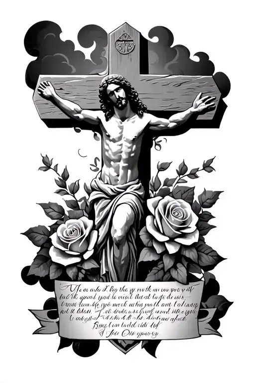 Jesus Cross With Roses And Dark Clouds And A Scripture