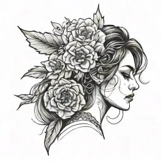 Woman With Flower Head Fine Line