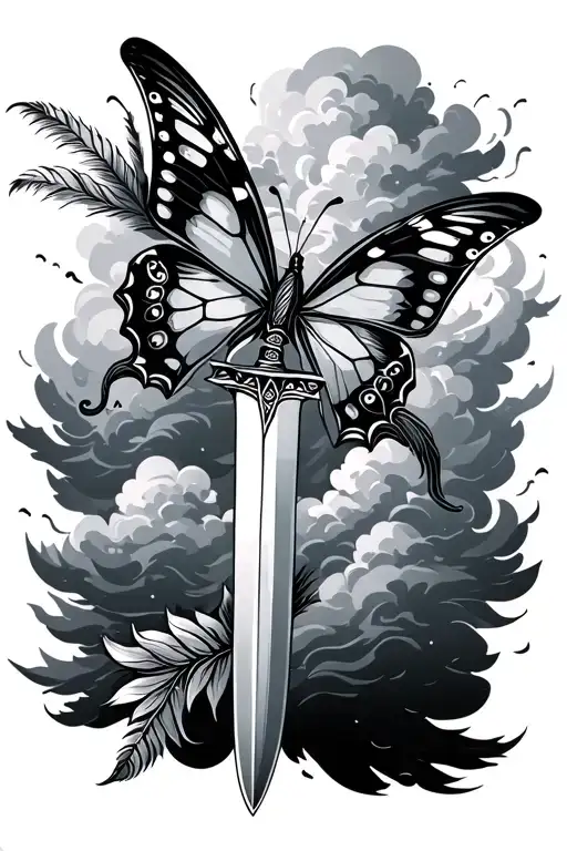 Butterfly With Dagger Through It Surrounded By Clouds And Native Design