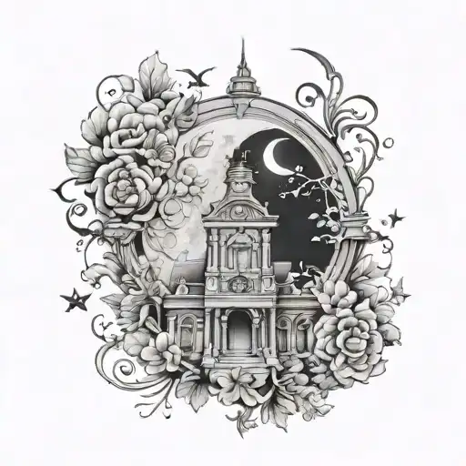 A Mansion With A Floral Clock Sitting In Front With The Moon