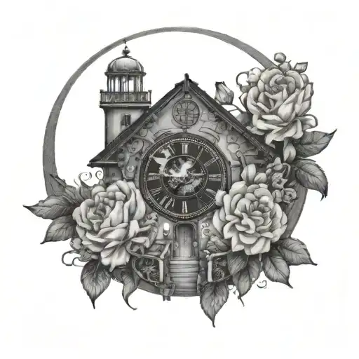 Mansion With A Floral Clock And The Moon In The Sky