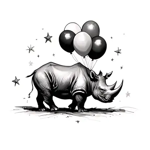 Sketch Of A Rhino Lifted With Balloons Surrounded By Stars