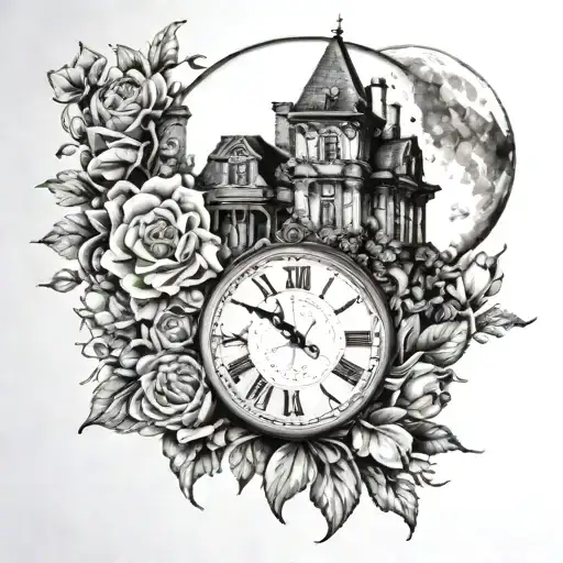 A Clock Made Of Flowers Sitting In Front Of Mansion And The Moon