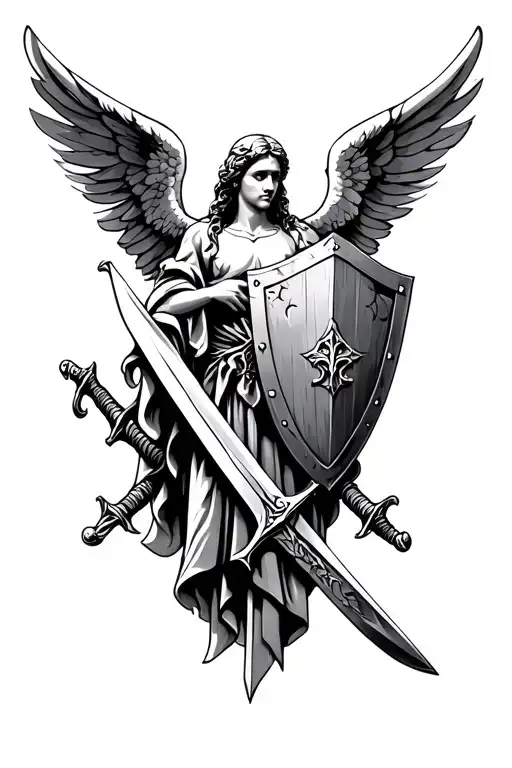 Guardian Angel Tattoo Design With Sword And Shield