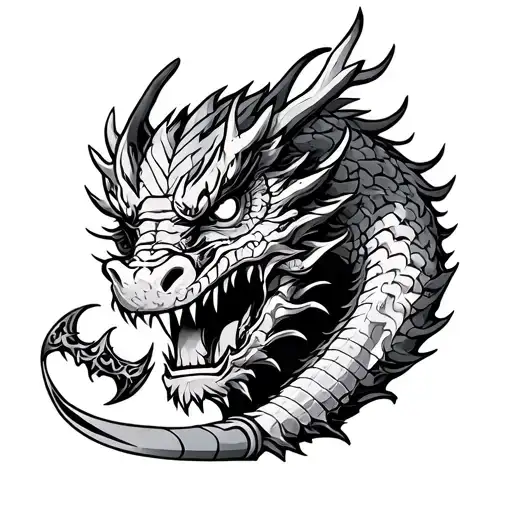 O I Masks With Dragon And Samurai Hilt Facing Down Tilted