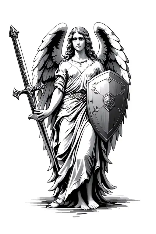 Guardian Angel Tattoo Design With Sword In Hand And Shield In The Other