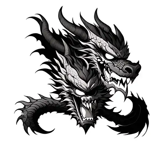 Oni Masks With Dragon And Samurai Hilt Facing Down Tilted