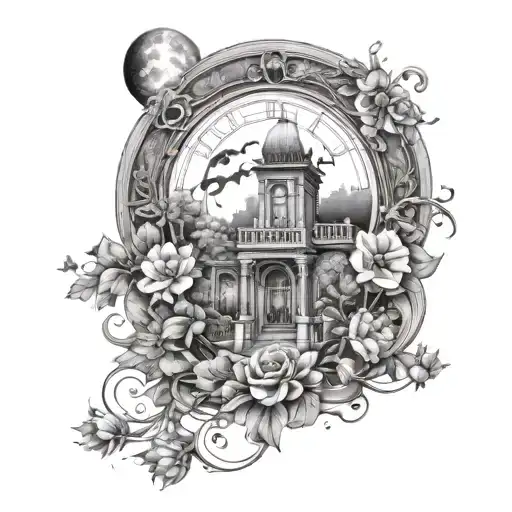A Mansion With A Floral Clock With The Moon