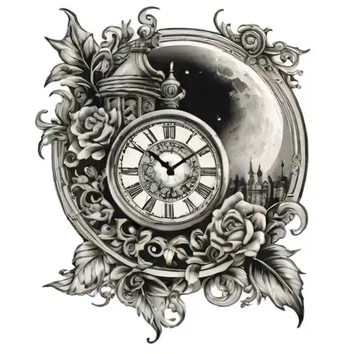 Floral Clock In Front Of A Mansion With The Moon