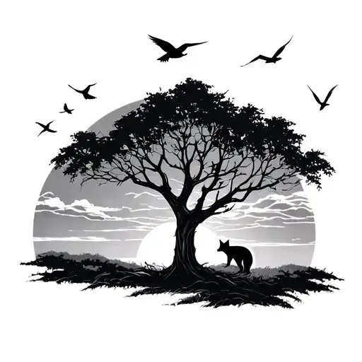 Fox Under Tree And Birds Flying In Sunset Sky