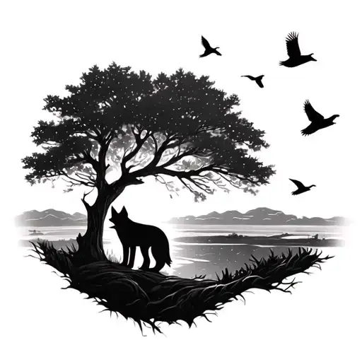 Fox Under Tree And Birds Flying In Sunset Sky