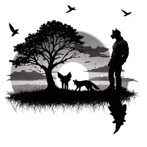 Fox Under Tree And Birds Flying In Sunset Sky With A Man By The Tree On The Other Side Of The Fox