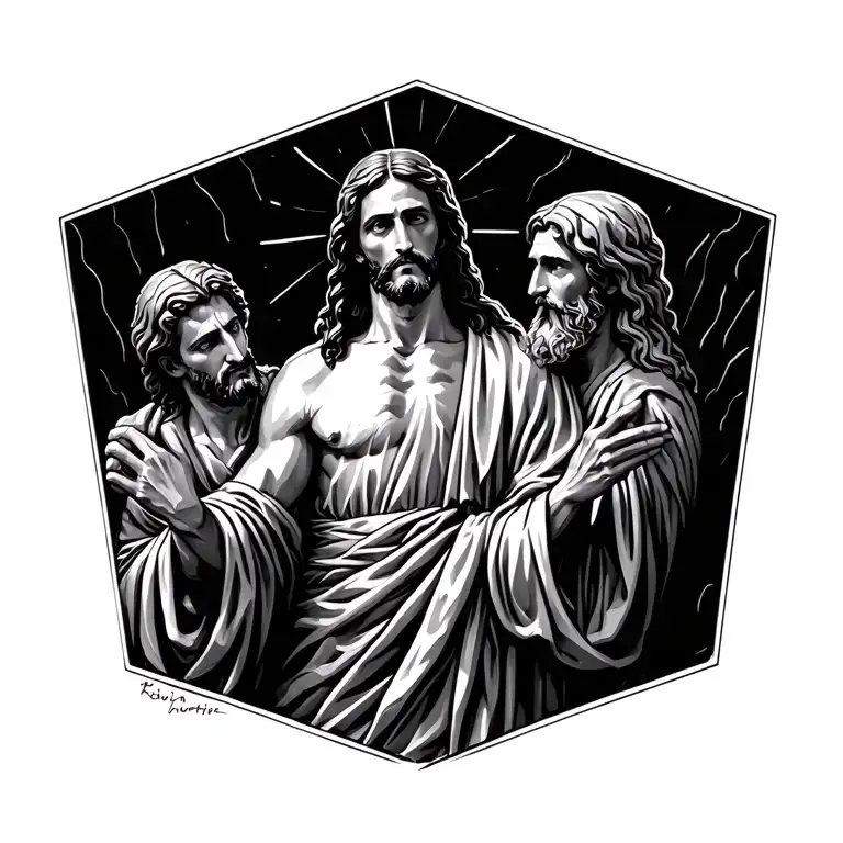 Jesus Standing With A Man He's Protecting Behind Him