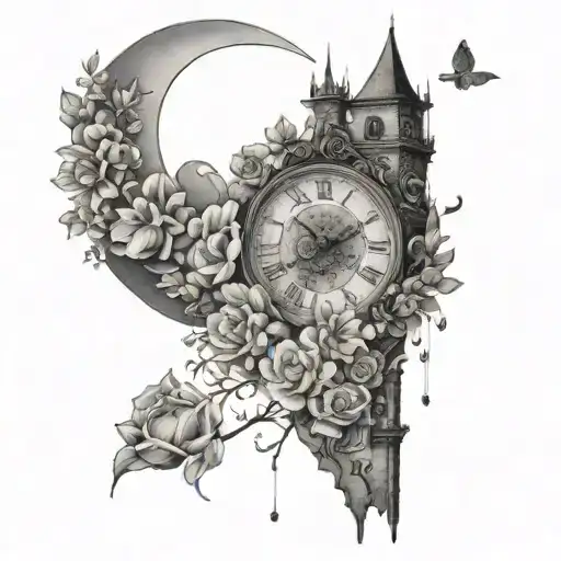 Clock Made Of Flowers In Front Of A Tower Surrounded By Flowers And The Moon In The Sky
