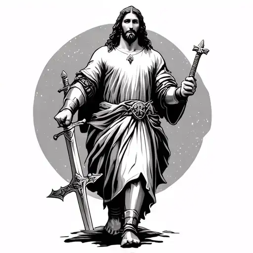 Jesus Walking With Full Armor Holding A Sword