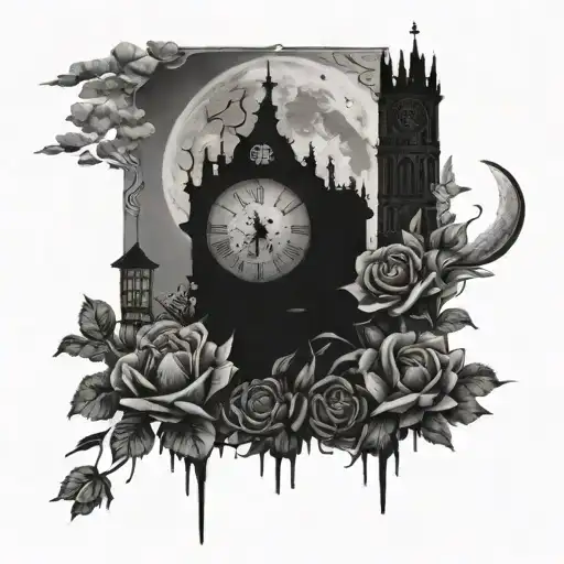 Clock Made Of Flowers In Front Of A Tower With The Moon In The Sky