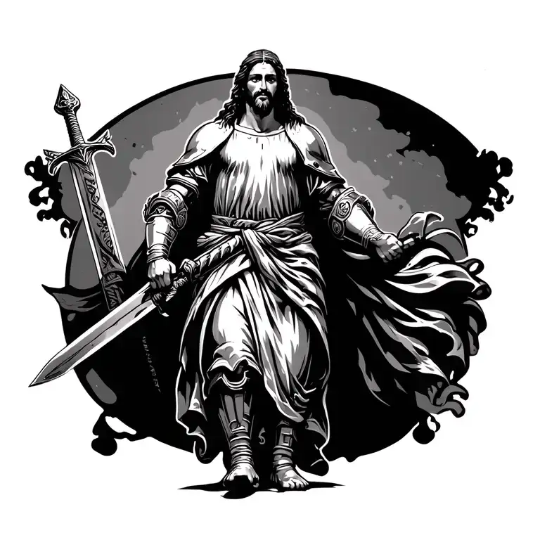 Jesus Walking With Full Armor On Holding A Sword Wrapped
