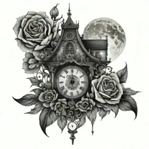 Mansion With A Clock Made Of Flowers With The Moon In The Background