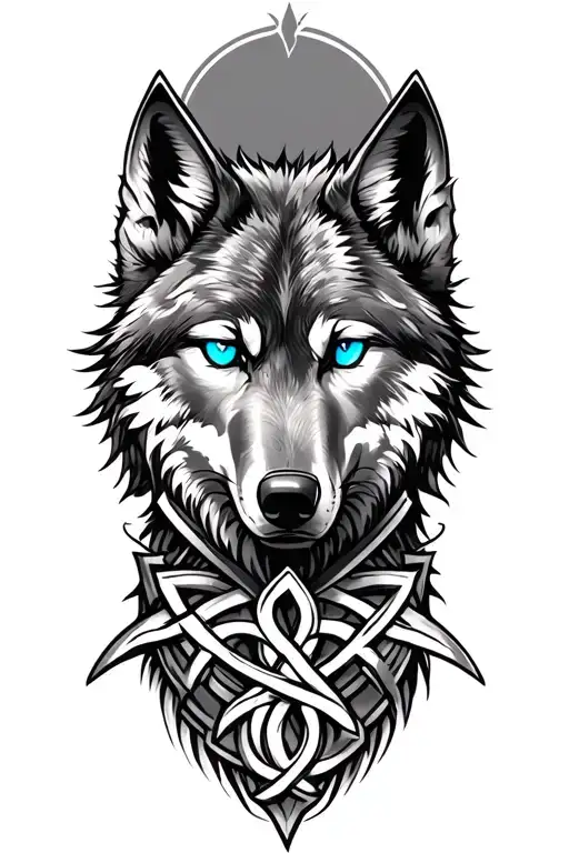 Wolf With Blue Eyes On Armor Tattoo Design Featuring Celtic Trinity Knot