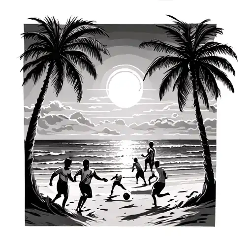 People Playing Football At A Beach With Palmes Around And The Ocean Sunset In The Back