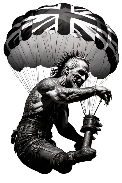 Iron Maiden Eddie With Mohican Haircut Falling With Parachute Printet With British Flag