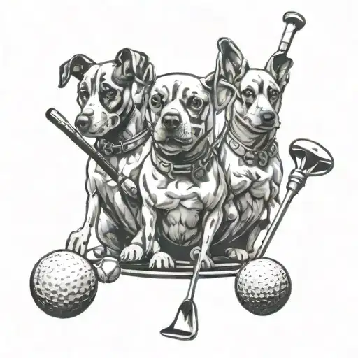A Pack Of Dogs Carrying Golf Clubs And Balls In A Black-grey Style