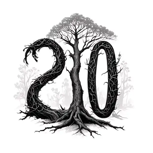 Two Realistic Trees Intertwined Yoman Numeral 20 Hidden