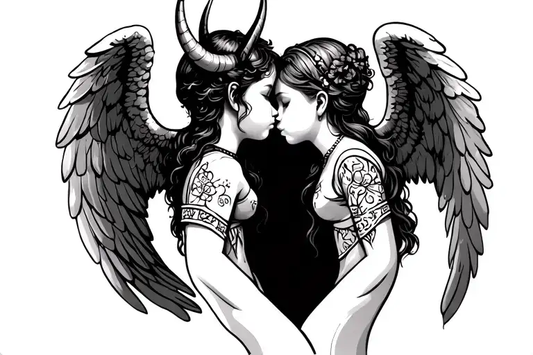 Two Kissing Clild Angels With Horns Kid And Girl