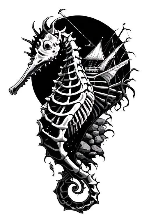 Seahorse Skeleton With Angler Fish And Sunken Ghost Ship And Long Seaweed And Rocks In Background