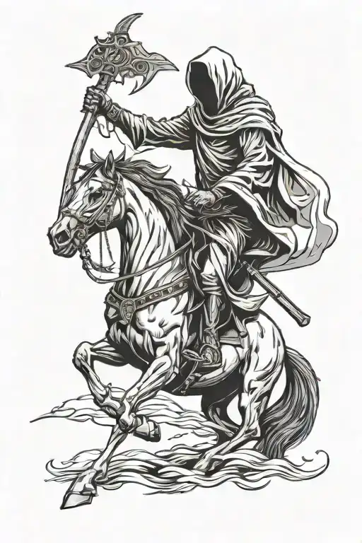 Grim Reaper Holding Scythe Riding A Pale Horse Standing On It's Hind Legs