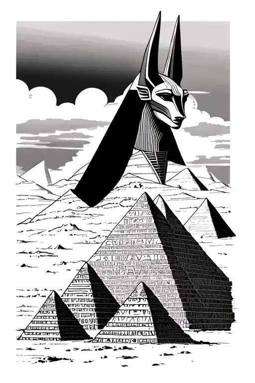Anubis God With Pyramids Lined Up With Starts Some Sphinxs And Hieroglyphics