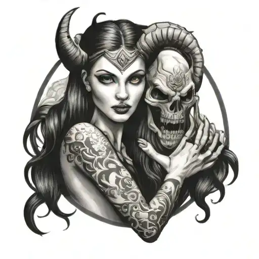 Tarot Card Of A Girl Holding The Hand Of A Demon