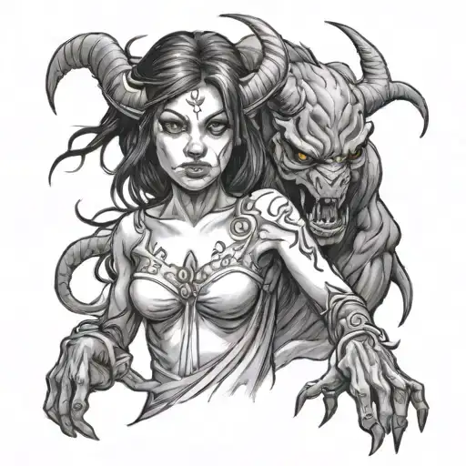 A Drawing Of A Girl Leading A Demon By The Hand