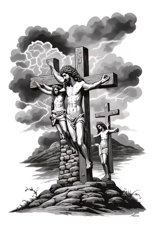 3 Crosses On A Hill With Jesus's Tomb Lightning