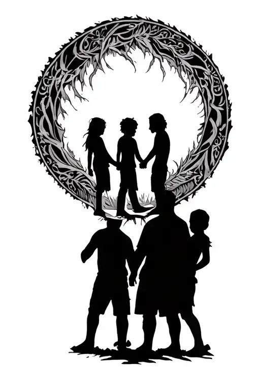 Circle With Silhouette Of Three Children And A Man Holding Hands Inside